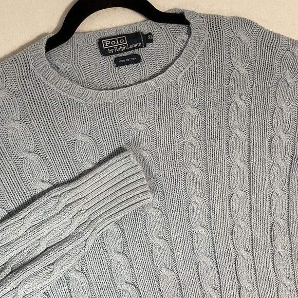 Vintage Polo Ralph Lauren Sweater Blue Cable Knit Cotton Crewneck Preppy XL - Picture 1 of 6